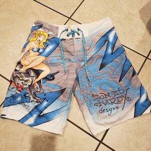 Ed Hardy Blue and Gray Graphic Board Shorts Size 32